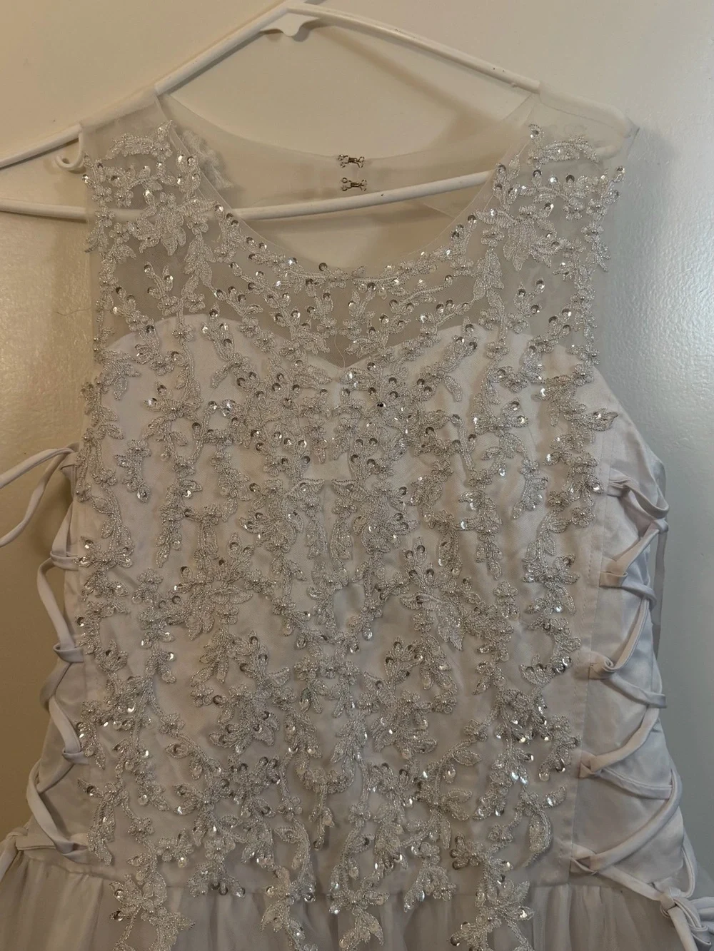 First communion/Girls White Lace-Up Tulle Dress with Beaded Bodice